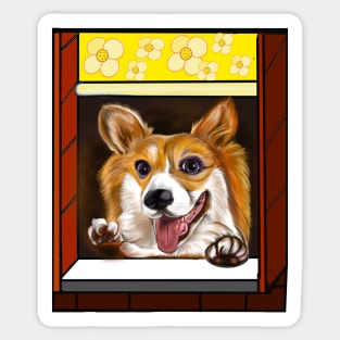 Doggy doggie dog in the window- corgi - Pembroke  Welsh corgi, puppy love Sticker